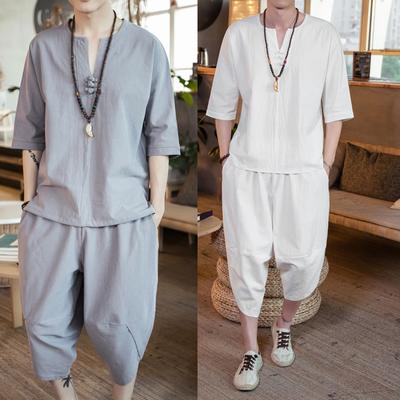 Sommer Baumwolle Leinen Hemd Set Herren Casual Outdoor 2-teiliger Anzug Andhome Kleidung Pyjamas Bequeme atmungsaktive Strand Kurzarm Sets