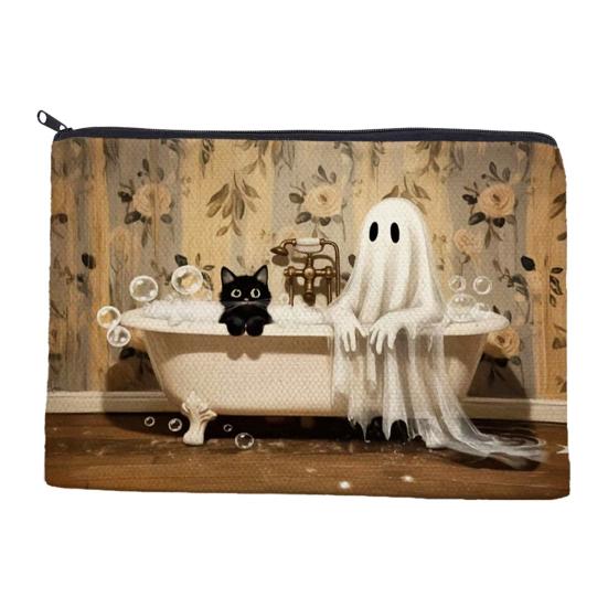 Digital Print Pouch Halloween Theme Cosmetic Bag, Durable Canvas Zipper Makeup Pouch, Storage Bag Portable for Stationery And Daily Cute Organizer
