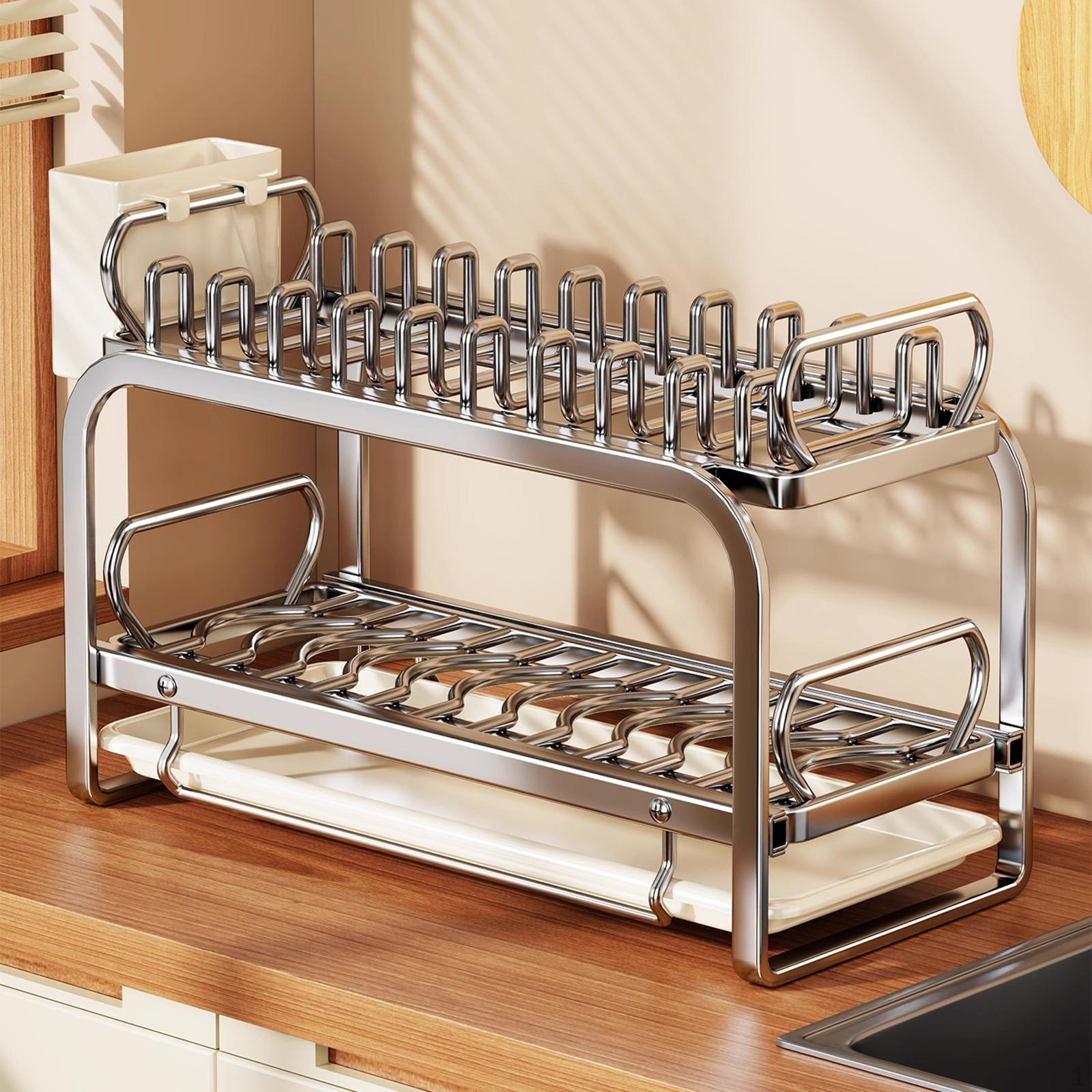 

Сушарка для посуду Органайзер з дренажем Великої місткості, 2-ярусний багатофункціональний з тримачем для столового приладдя L