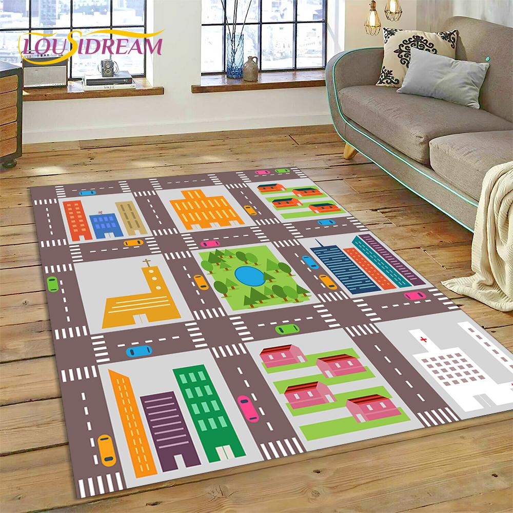 3D City Traffic Road Map Child PlayMat Highway Playroom Area Rug,Carpet Rug for Living Room Bedroom Sofa Doormat, Non-slip Gift