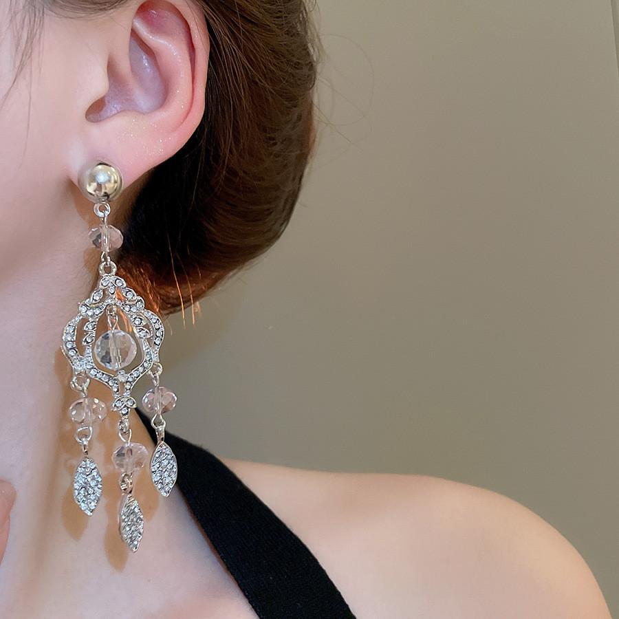 Vintage Leaf Dangle Earrings With Rhinestone Glass Beads For Women