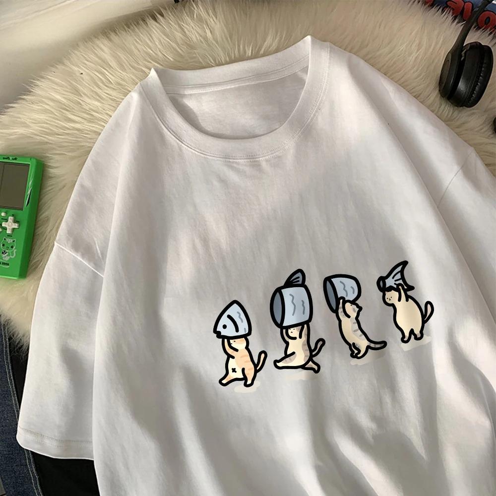 

Four Little Cats Holding Fish Women T-Shirts Cartoons Prints T Shirts Soft O-Neck Short Sleeve Tops Summer Clothes Graphic Y2K 4XL