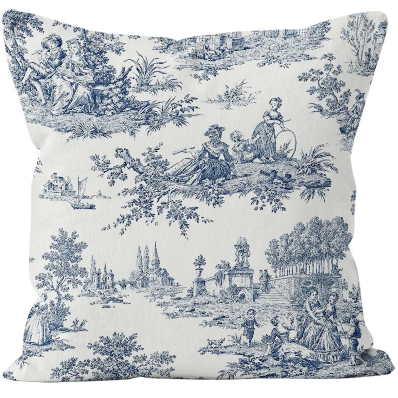 Blue Toile Pillow CoversNavy Blue And Beige French Countries Cotton Linen Decorative Throw Pillow Case Cottage Vintage Cushion Cover For Bedroom Sofa One Size 689₽