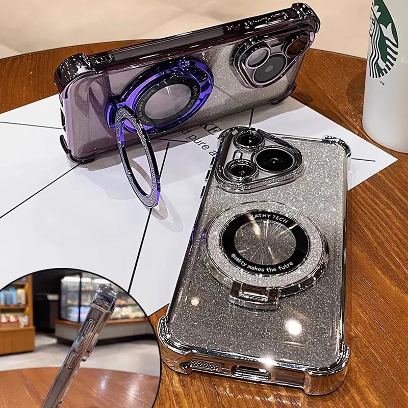 Honor90 5G Case Luxury Magnetic Bracket Shockproof Cover For Huawei Honor 90 70 50 80 100 200 Pro Case with Holder Shiny Glitter