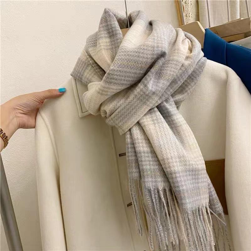 Women's Winter Plaid Imitation Cashmere Tassel Scarf, Thickened Korean Style Neck Warmer