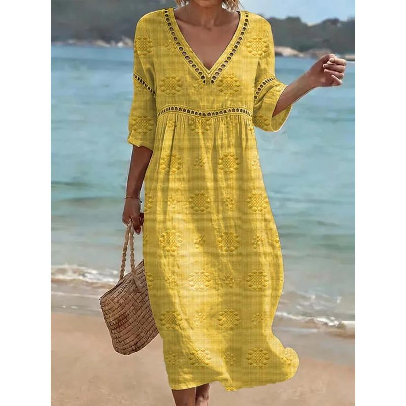 QICED Fashion Summer Spring Short Sleeve V-Neck Casual Dresses