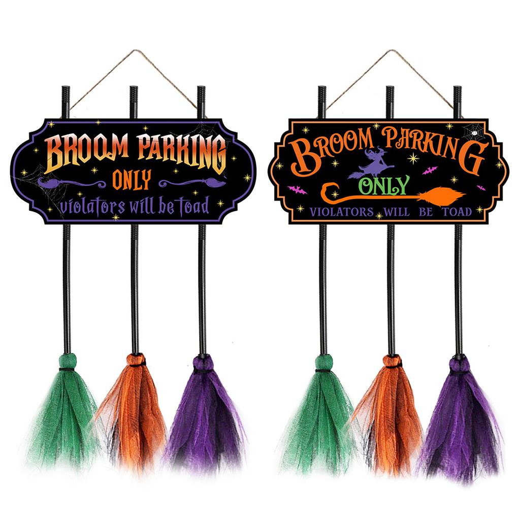 Broom Parking Sign 35.4 IN Wooden Witches Brooms Cute Witches Decoration Sign Spooky Holiday Witch Sign for Front Porch