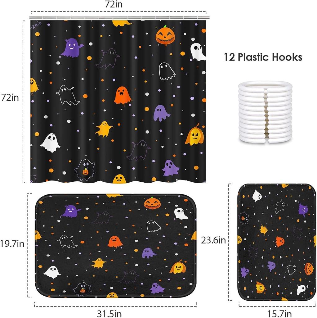 Halloween Bathroom Sets With Shower Curtain And Rugs Accessories, Funny Ghosts Shower Curtain Sets, Trick Or Treat Shower