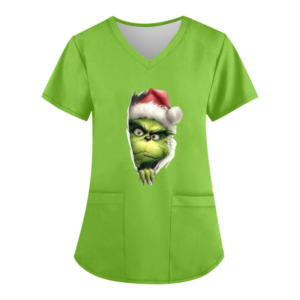 Women's V-neck Christmas Print Short-sleeved Pocket Side Slit Uniform Top