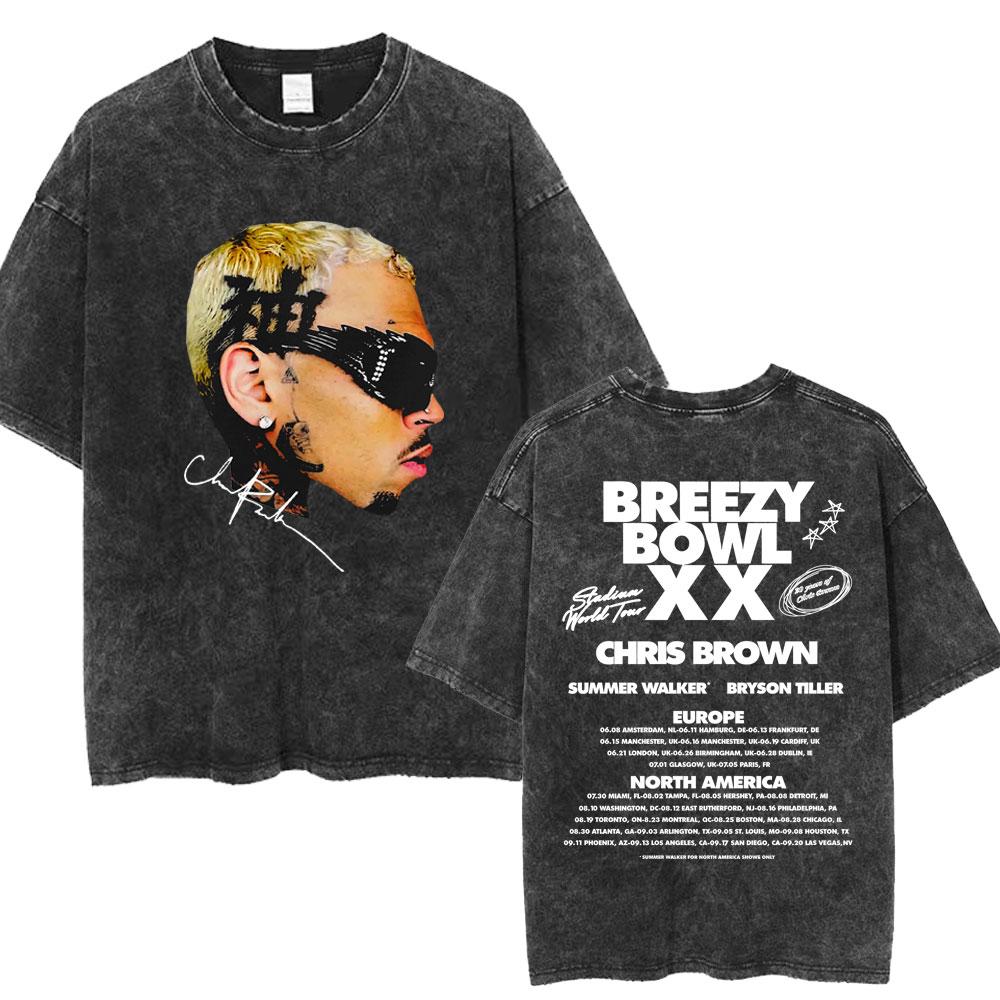 Chris Brown Breezy Bowl XX Concert Tour Washed T Shirts Vintage Hip Hop Gothic T Shirt Mens Oversized Cotton Tshirt Streetwear