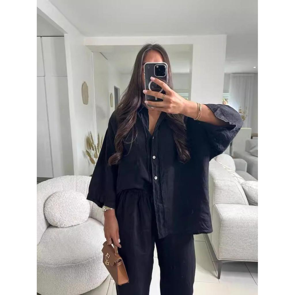 Vintage Solid Shirt Trousers Suit Women Single Breasted Long Sleeve Shirt Wide Leg Pants Set Female Summer Lady Streetwear