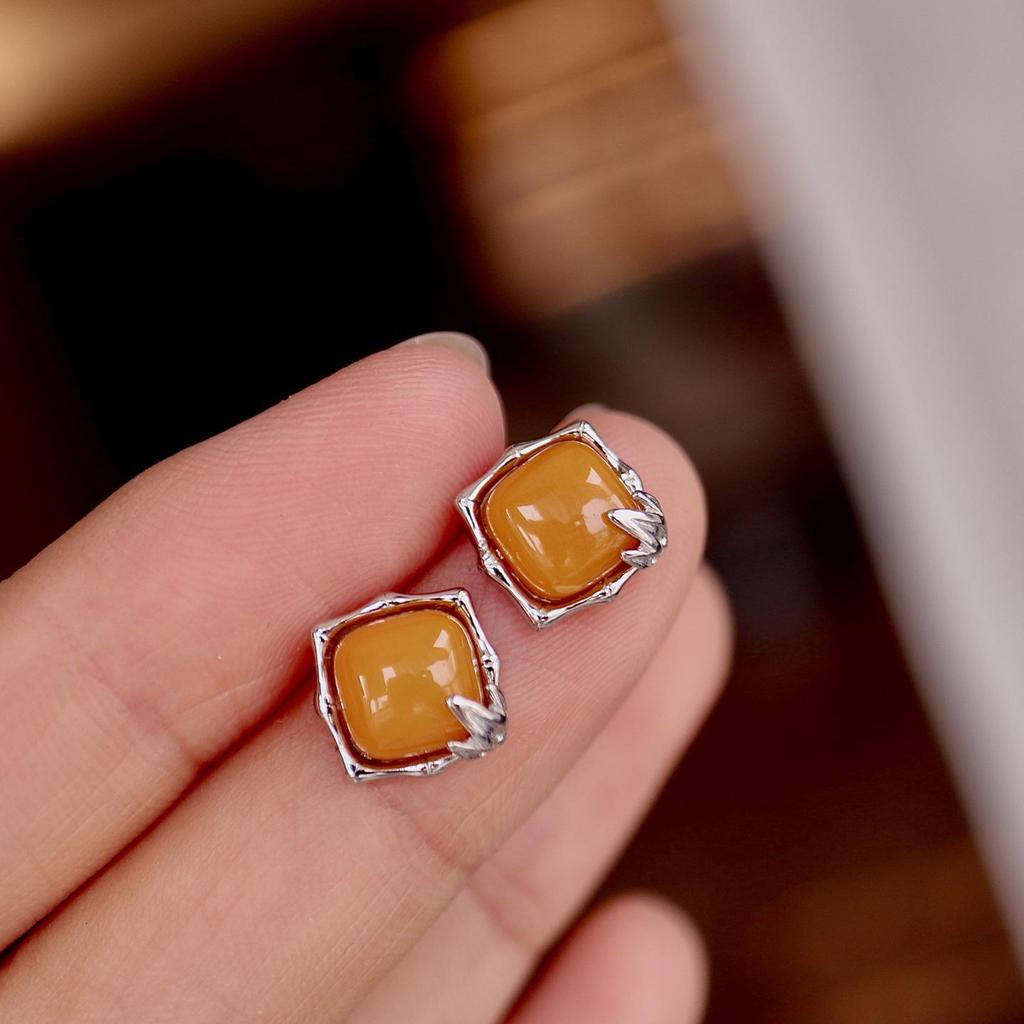Exquisite S925 Sterling Silver Old Amber Wax Bread Block Ring Stud Earrings