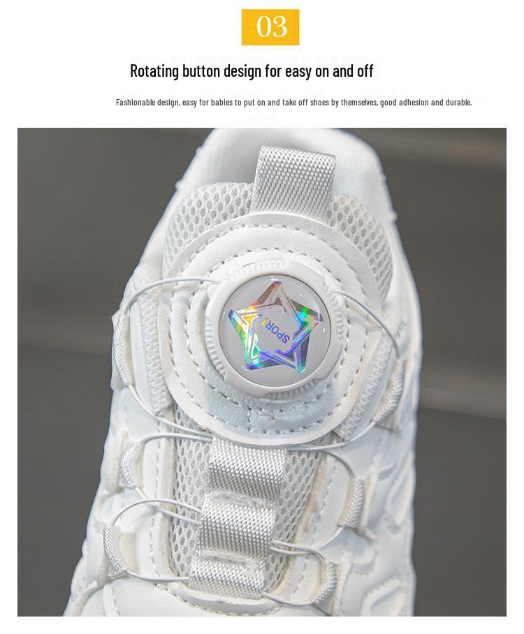 Kids' Soft Sole Sports Shoes - 2026 Spring/Autumn - Rotating Button Running Sneakers for Girls & Boys, White Casual Footwear