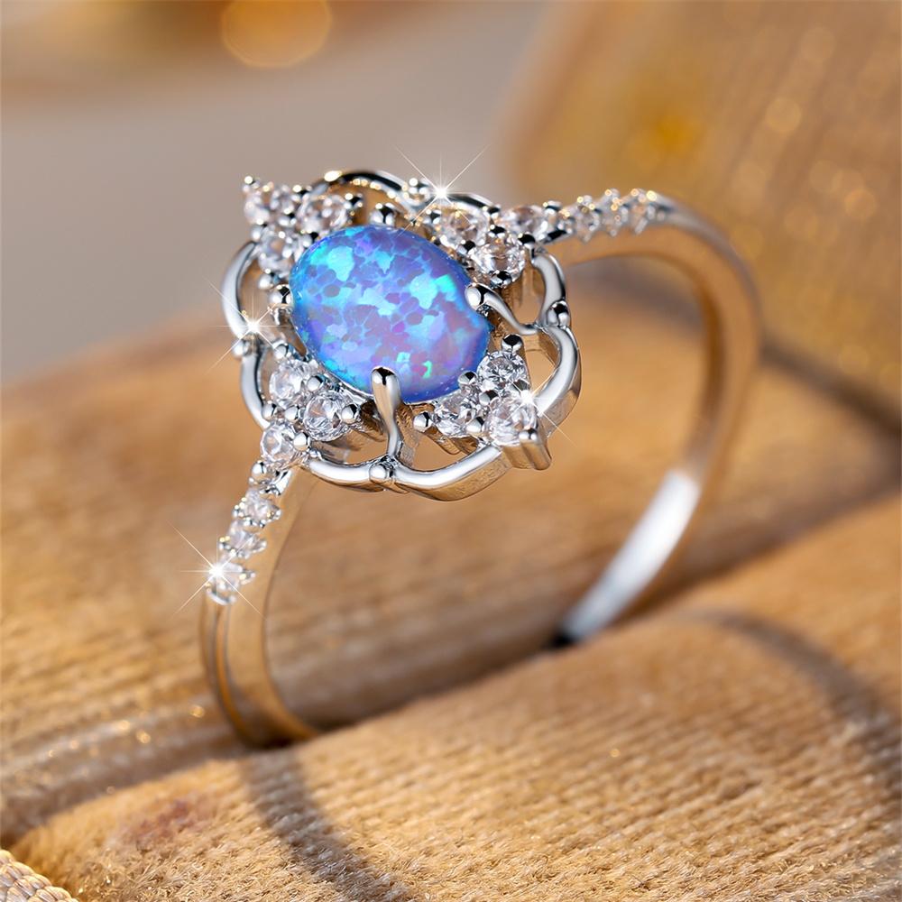 Dainty Oval Stone White Blue Opal Engagement Rings For Women Vintage Fashion Silver Color Wedding Band  Mother's Day Gift