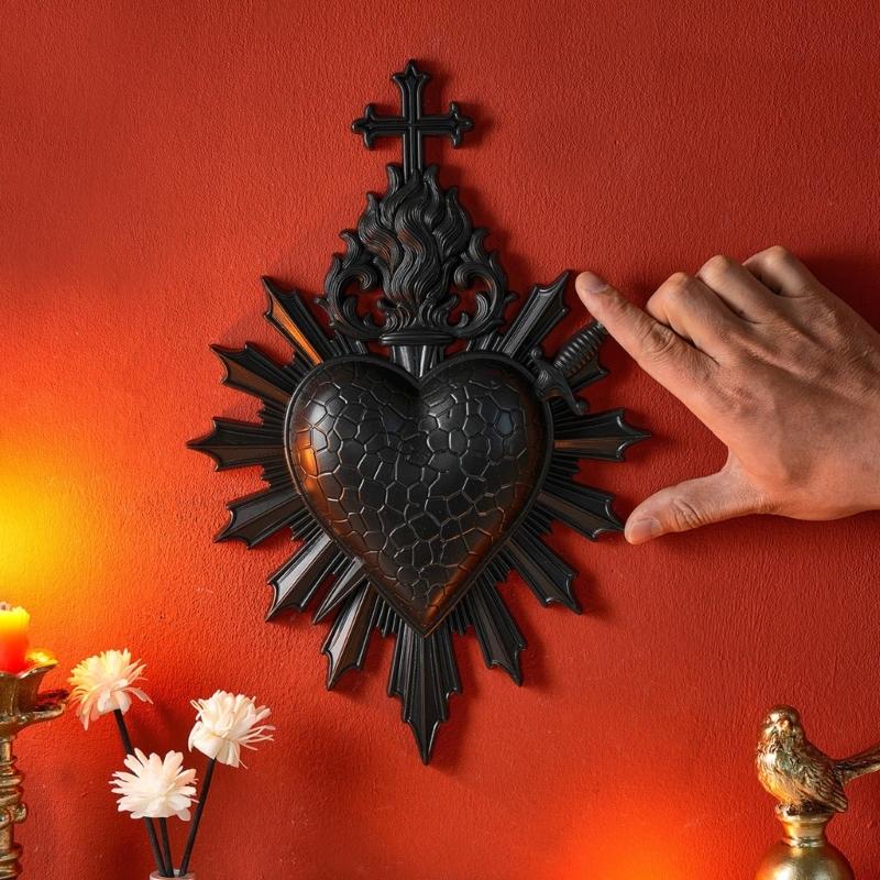 Sacred Hearts Resin Wall Decors Plaque, Heart of Jesuses Hanging Sculpture, Christian Religious Wall Art Ornament for Entryway or Bathroom Wall