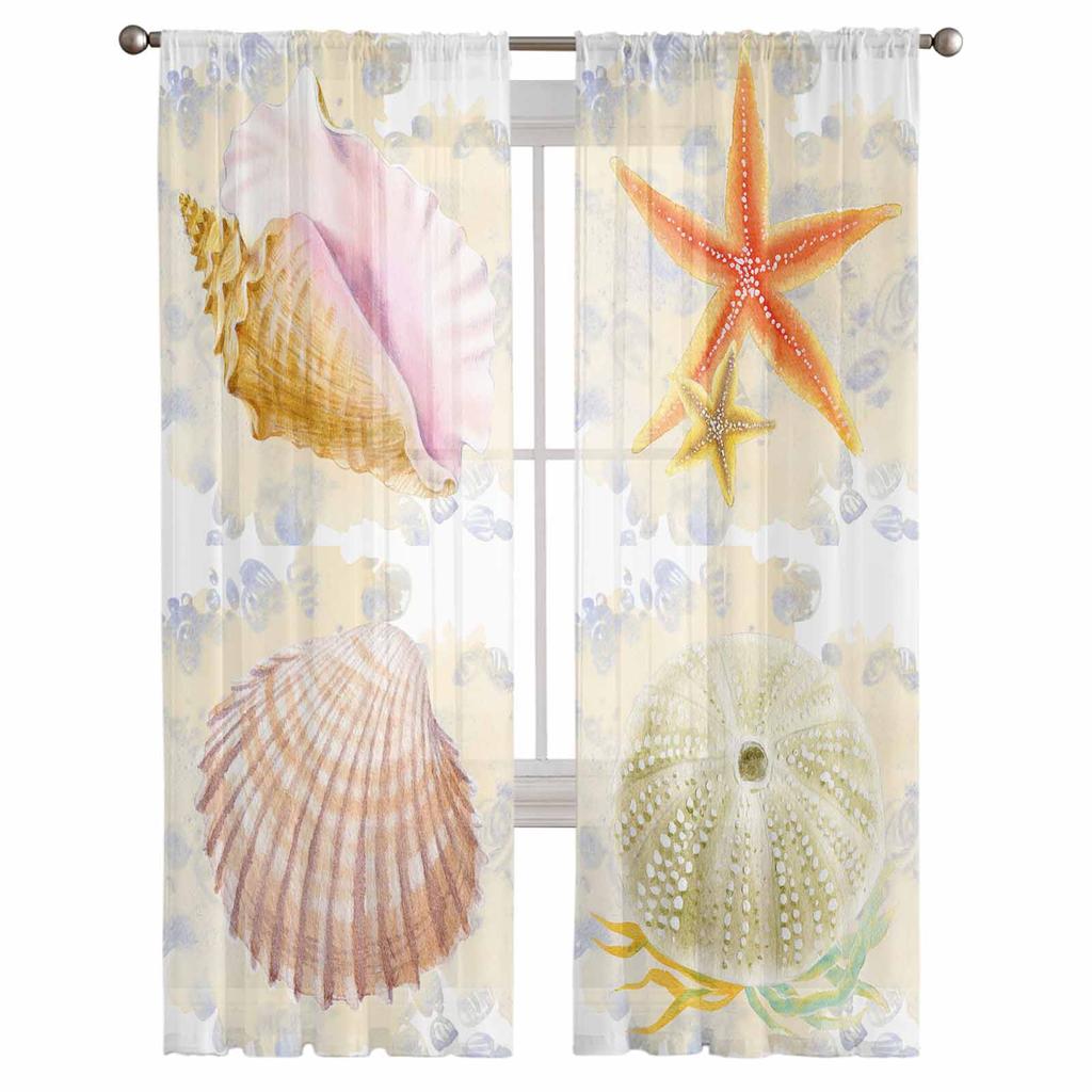 Retro Aquarell Seeigel Schale Seestern Ozean Transparente Vorhänge Modernes Gazevorhang für Wohnzimmer Schlafzimmer Voile Garn Vorhänge