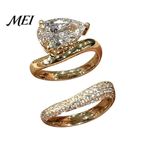 Anti-fade Jewelry 2Pcs/Set Women Ring Set, S-shaped Finger with Dazzling Comfortable Wear Water Drop Cubic Zirconia, Alloy Stacking Rings Gift золотистый