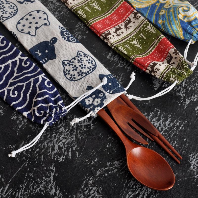 Japanischer Stil DIY Reise-Aufbewahrungstasche Kordelzugtasche Strohgeschirr tragbar Kordelzug Löffel Stäbchen Stofftasche