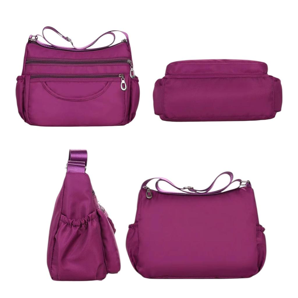 Nylon shoulder bag with multiple pockets, fits a 500ml water bottle, unisex, spacious, horizontal design, lightweight, large capacity, wide gusset,