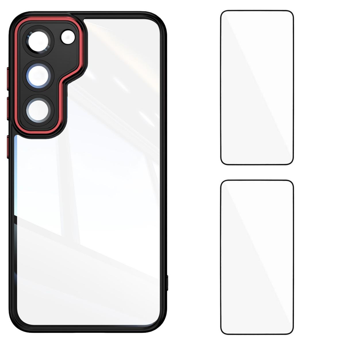 

For Samsung Galaxy S23 TPU Case WANLONFENG Drop-proof Clear Phone Cover with 2Pcs Tempered Glass Film Black Red