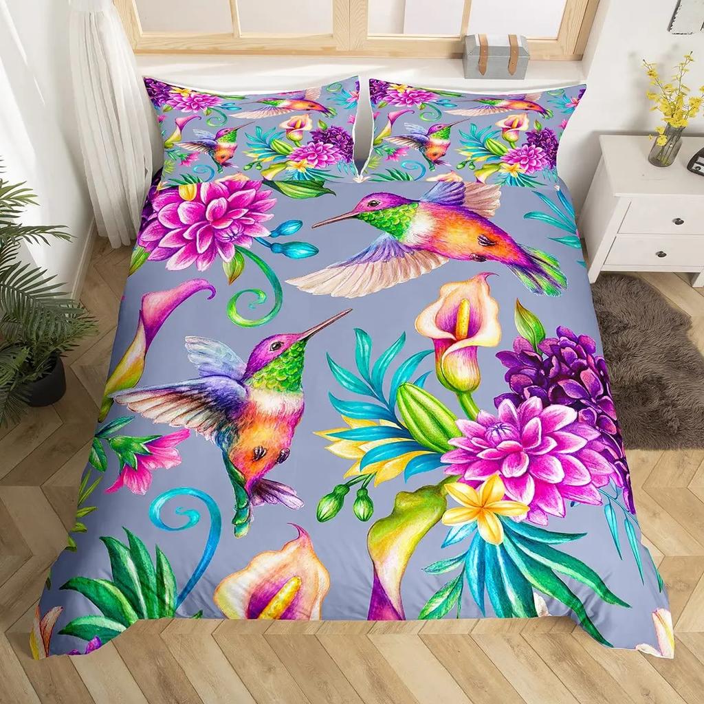 Kolibri Bettbezug-Set Doppelgröße Mädchen Gartenvögel Bauernhaus Blume Floral Bettwäsche-Set Kolibri-Liebhaber Bettdeckenbezug