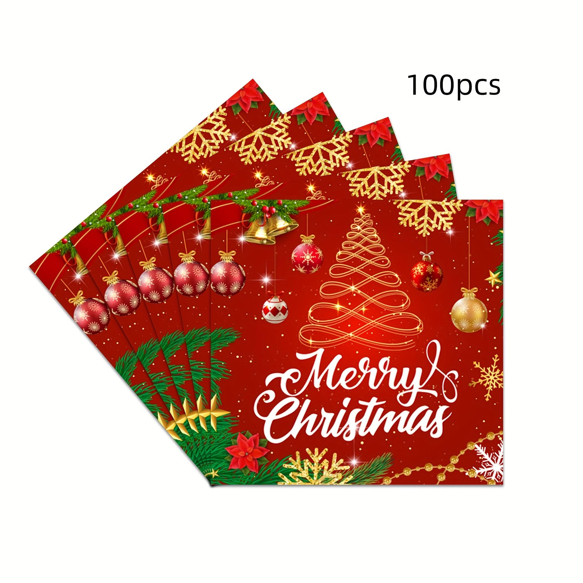 

100 шт. красных праздничных салфеток на рождественскую тематику, одноразовые двухслойные бумажные салфетки с фоном из колокольчиков и рождественской елки, красные праздничные салфетки