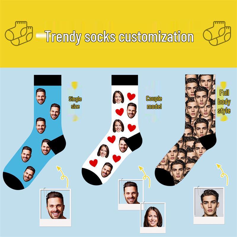 Custom 3D Logo Couple Mid-Calf Socks - Creative Autumn/Winter Trend, Personalized Design with Image