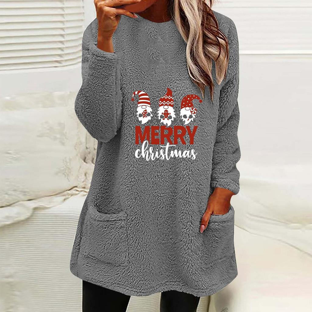 Damen Weihnachtsdruck Rundhals Locker Langarm Tasche Plüsch Hoodie
