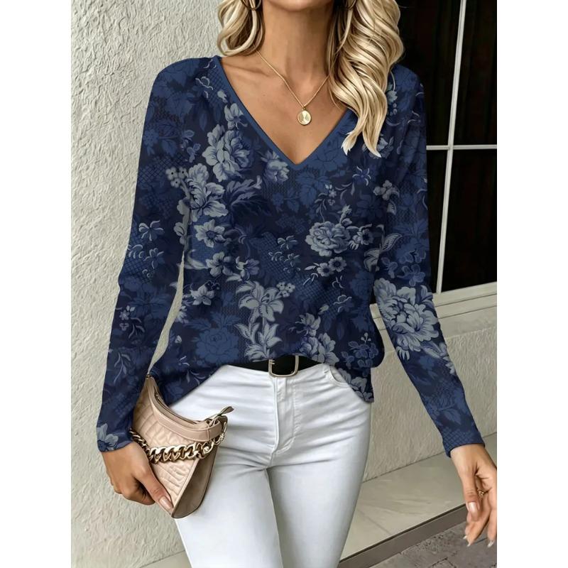 Autumn Women's 3D Geometric Printed V-Neck Long Sleeve T-Shirt