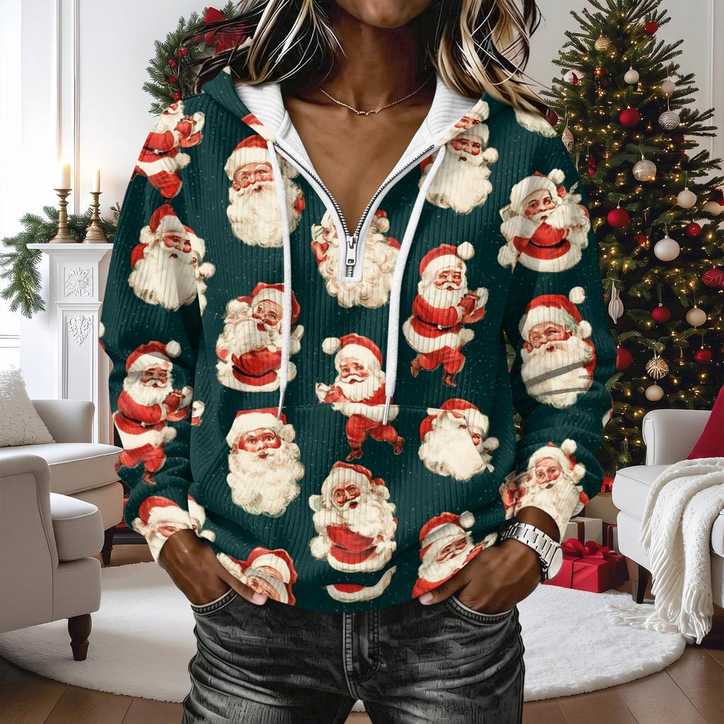 Women's Long Sleeve Christmas Print Pullover Hoodie with