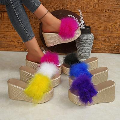 Sandalias de Moda para Mujer Sandalias de Plataforma de Lujo con Piel de Moda Sandalias Peludas de Piel Sintética para Exterior Zapatillas de Cuña de Verano de Suela Gruesa Esponjosa para Mujer
