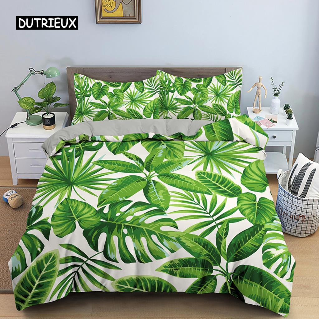 Tropical Plant Bed Linen Collection Green Leaves Quilt Cover with Zipper Closure Comforter Cover Queen Size King Dimension Full Polyester Fabric Quilt