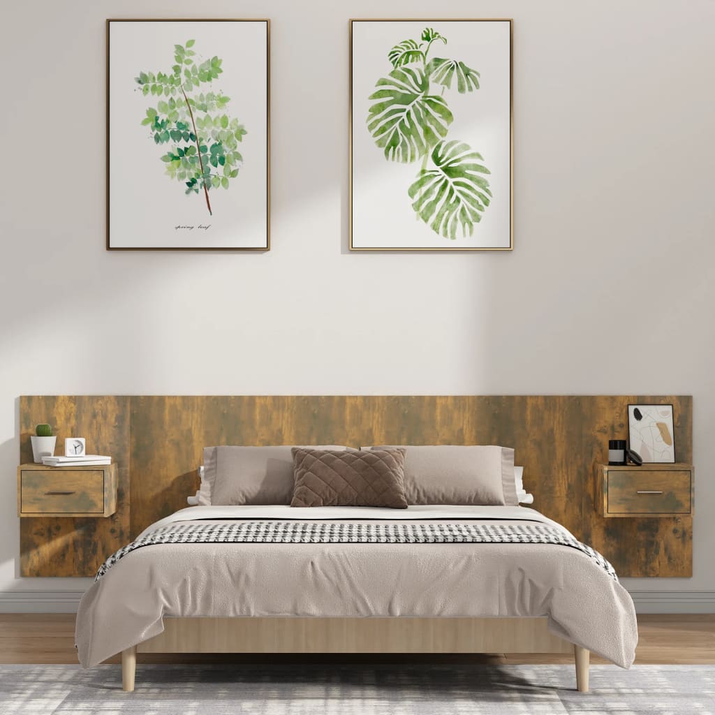 Headboard with Nightstands Smoked Oak Wood Based Material