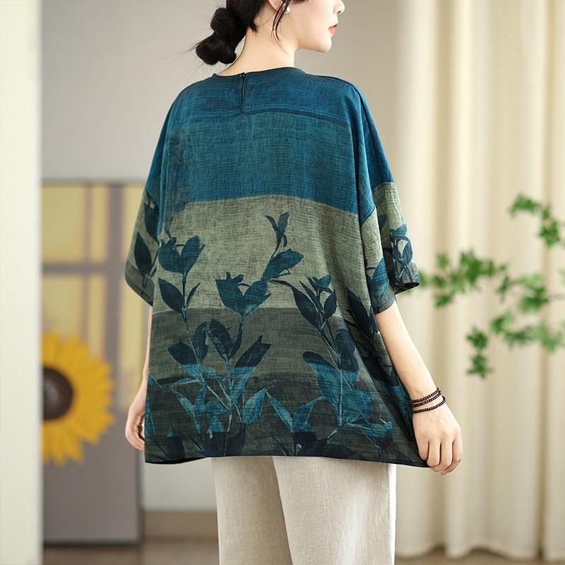 Mânecă scurtă Oversized Bumbac vintage Floral Casual Tricou largi Topuri Tricou de vară pentru femei