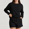 Women's Solid Color Textured Casual Set Long Sleeve Shorts Drawstring Two-Piece Set