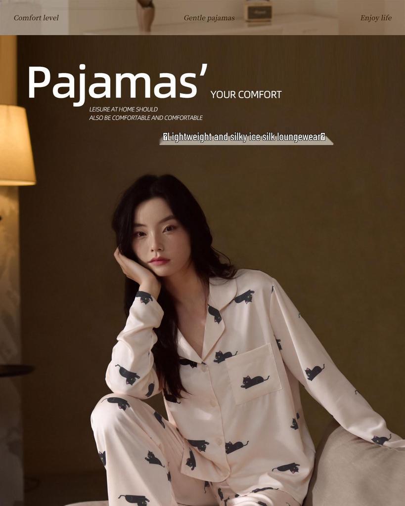 Damen-Eis-Seiden-Pyjama-Set mit Katzenmuster, langärmelig, für Frühling/Sommer - Koreanischer Stil für zierliche Frauen