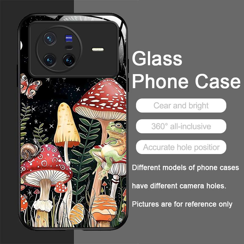Creative Personality Mushroom Pattern Tempered Glass Phone Case for OPPO Reno 13 F 12 11 10 Pro Plus Find X8 X3 Lite A58 Covers