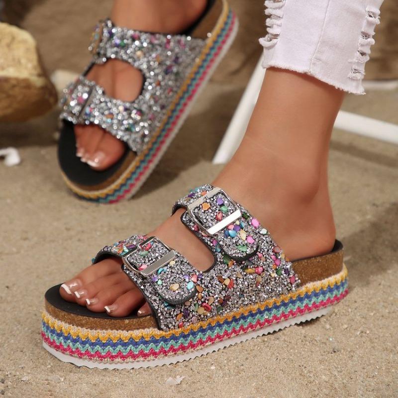 Large Size Platform Sandals Double Buckle Plus Diamond Hemp Rope Wind Beach Shoes Platform Heightening Muffin Shoes