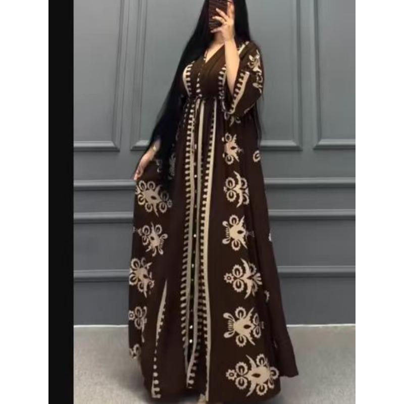 Rochie de toamnă, cu decolteu în V, cu mânecă lungă, imprimeu de poziționare, lungă, largi