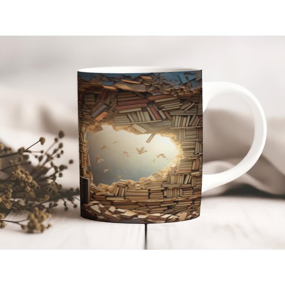 Library ceramic coffee mug bookshelf book fan tea cup reading