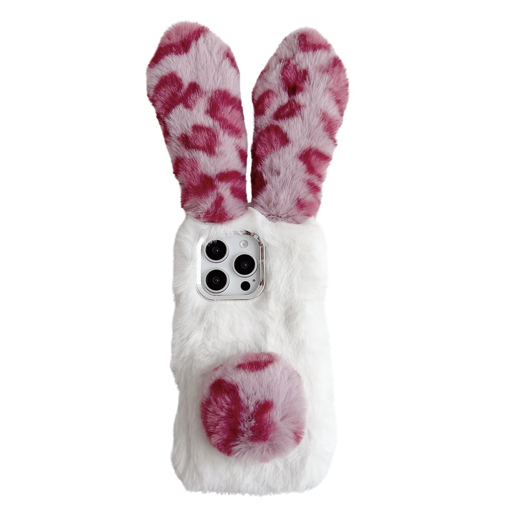 For iPhone 16 Pro Max Case Fluffy Leopard Splicing Bunny Plush TPU Phone Cover