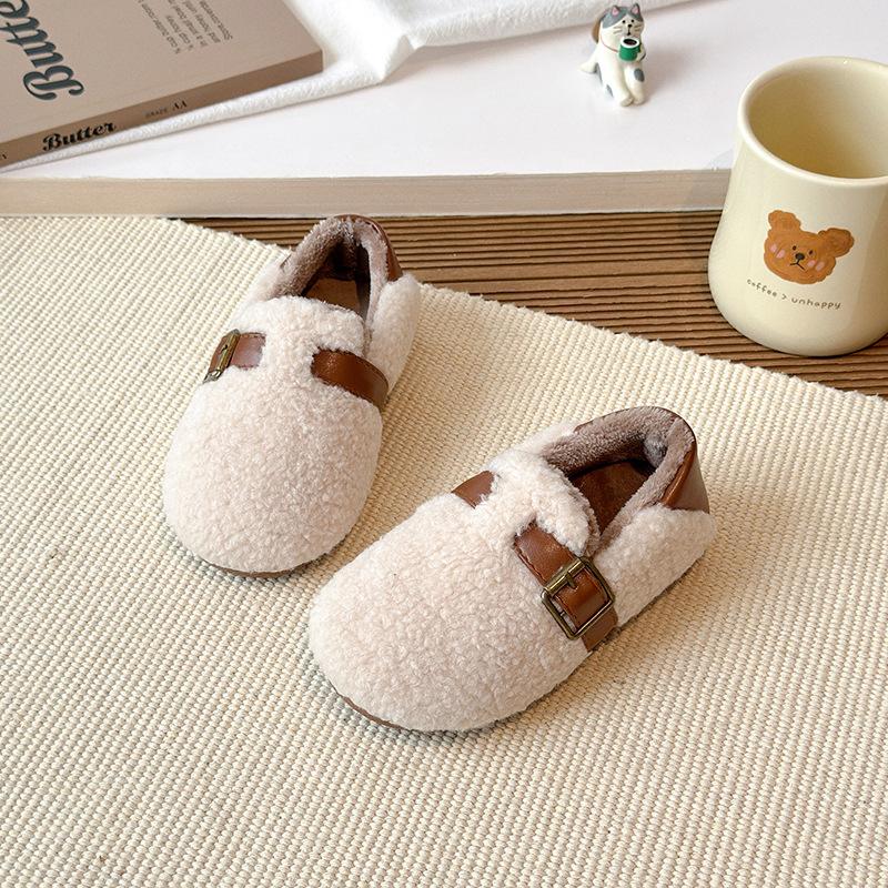 Children's woolen curly girls' cotton shoes, new autumn and winter solid color outdoor wear, warm shoes for small, medium, and large children