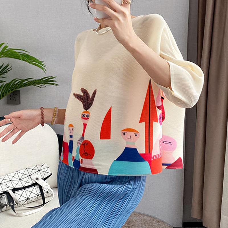 Sommer Rundhals Dreiviertel T-Shirts Damen Lässig Locker Druck Pullover Tee Damen Elegant Plissiertes Oberteil