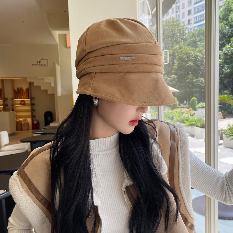 Hat Women's Autumn and Winter New Metal Standard Suede Cap Big Head Circumference Versatile Bucket Hat Shows a Small Face