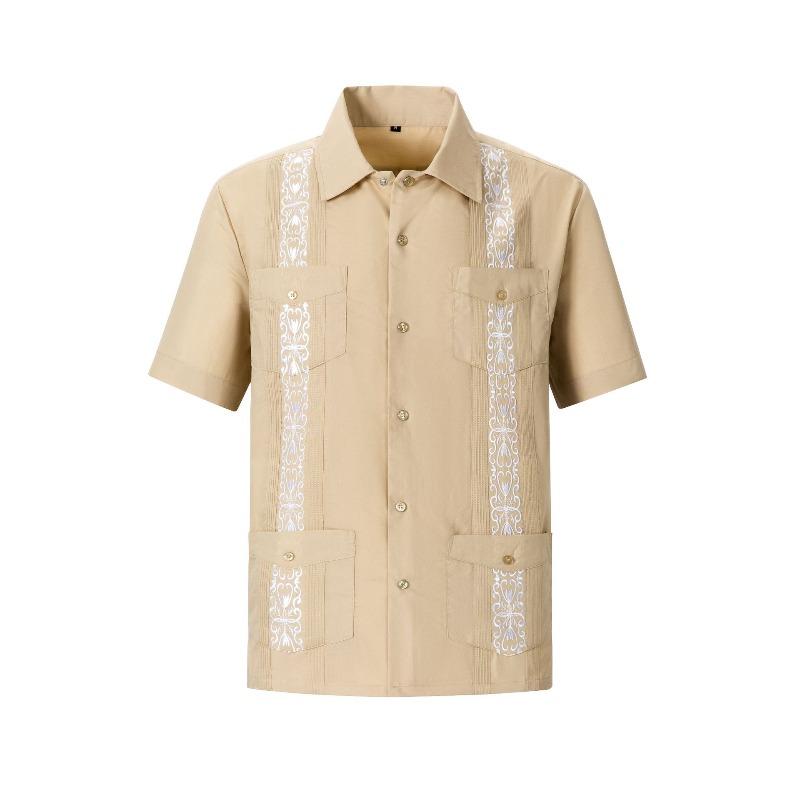 Camicia da uomo a maniche corte con bottoni, a righe Guayabella ricamate, quattro tasche, Dachen