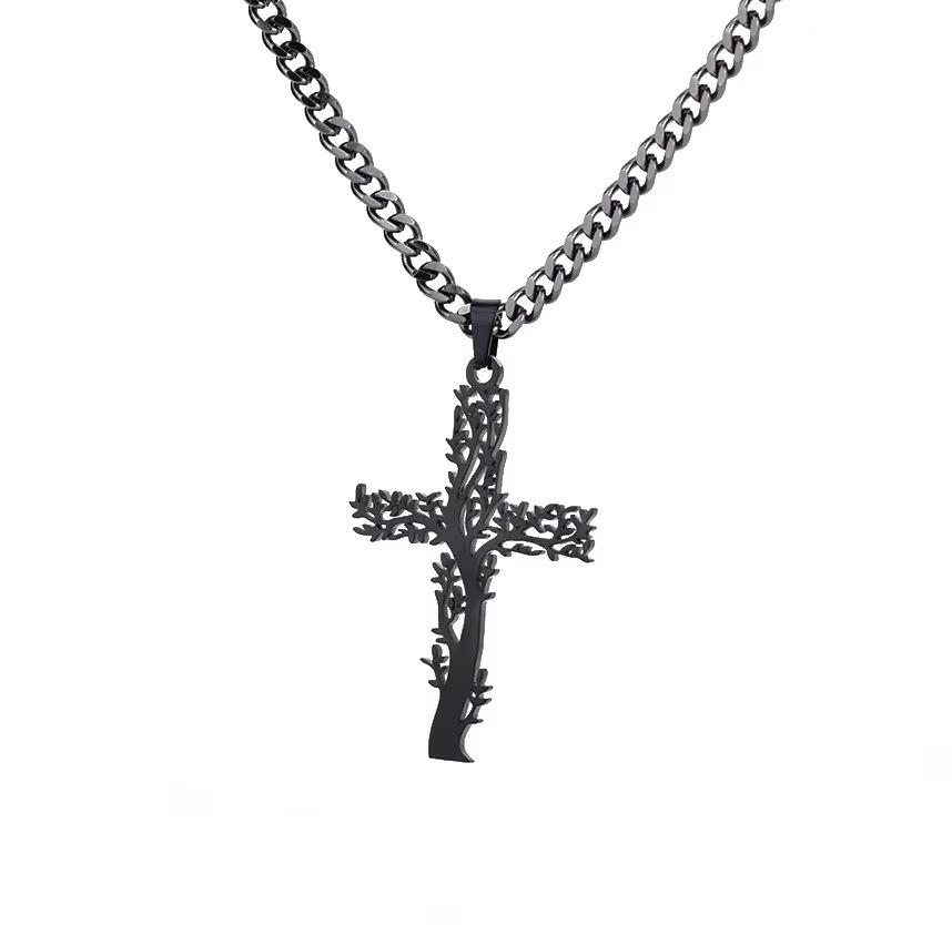 EMU hot-selling new titanium steel men's life tree cross necklace, personalized trendy brand stainless steel necklace