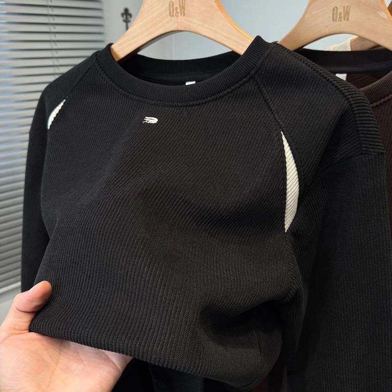

New Autumn Winter Spliced Round Neck Sweatshirts for Men Trendy Casual Loose Tops Versatile Velvet Bottoming Shirts M чёрный