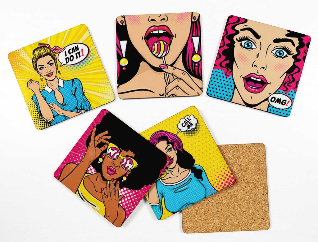 Inkdotpot Set of 6 Drink Coasters Easy Clean 4 Inch Square  Coasters  Cork Base-  Reusable- Funny Bachelor