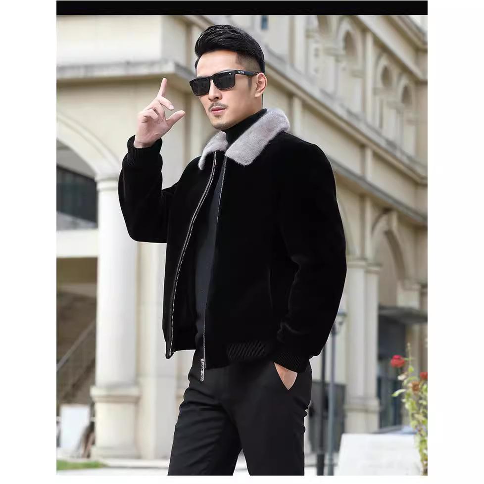 2024 Autumn/Winter Men's Thick Faux Mink Fur Coat with Full White Collar