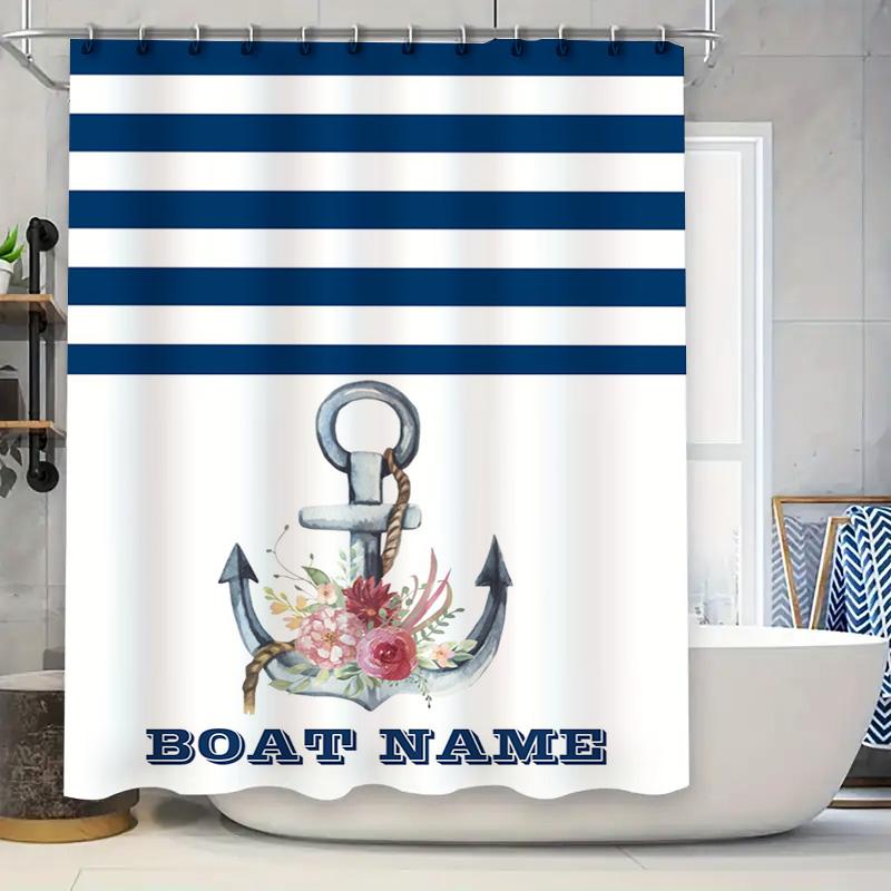 

Акварельний якір Душова шторка Персоналізований декор Для ванної кімнати Синьо-білі смужки Назва човна Налаштовуваний Водонепроникна тканина Набір 90x180cm